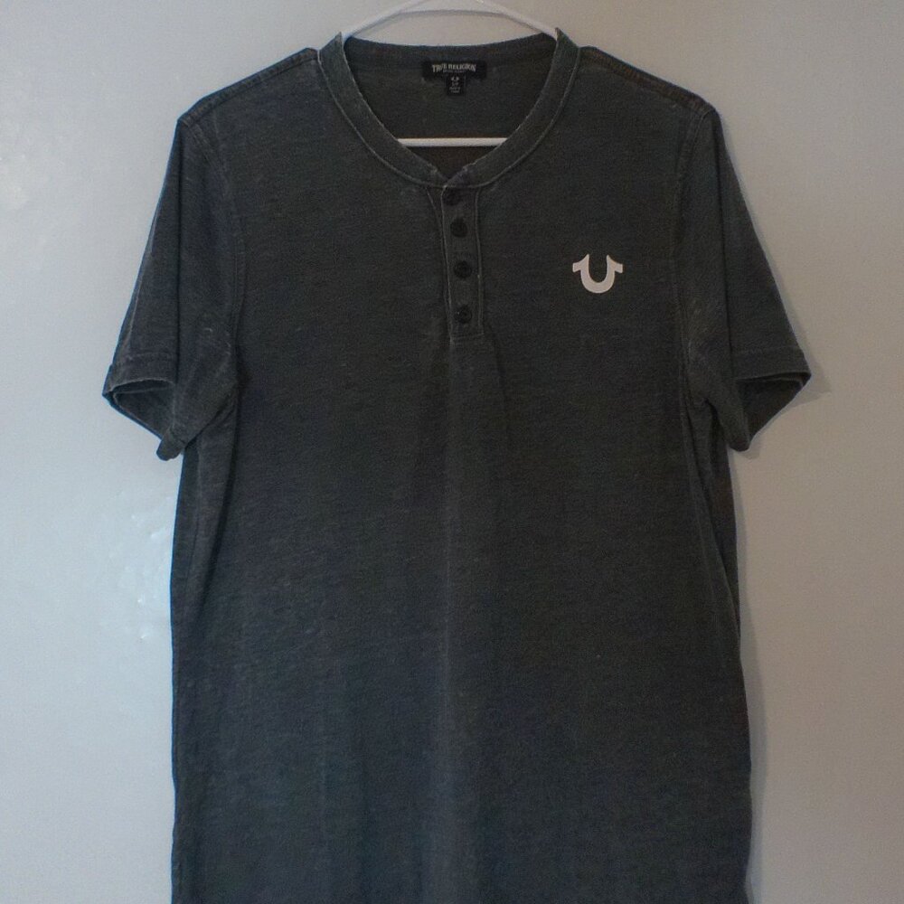True Religion Charcoal Gray Henley T-Shirt Short Sleeve Logo Tee Men S